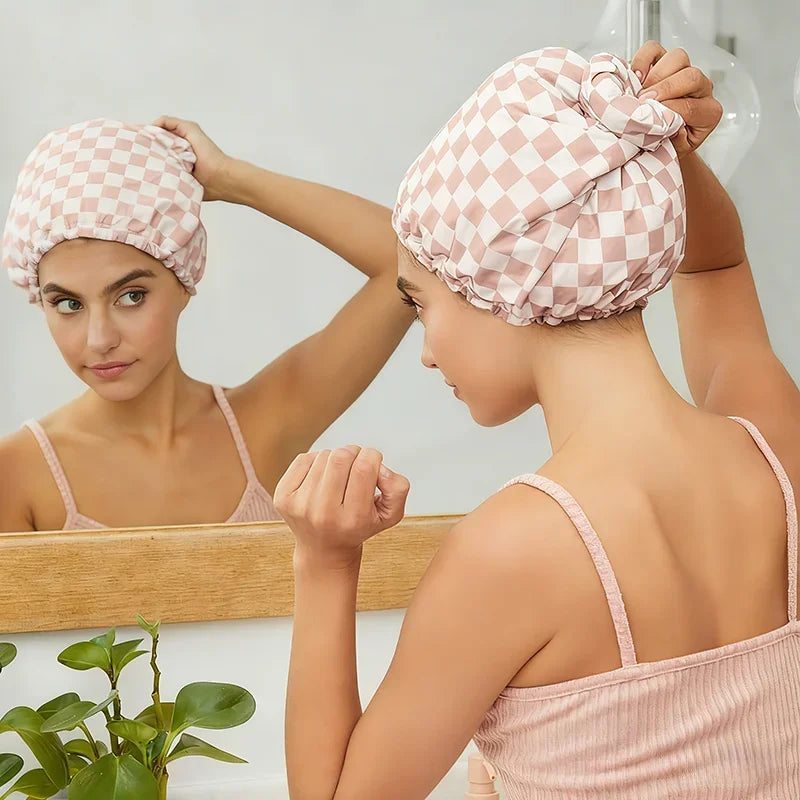 WANMEI Grid Pink White Shower Caps- Flexi Satin Lined, Large Wide Shower Cap for Women & Men, Adjustable,Hair Accessory