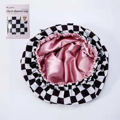 WANMEI Grid Pink White Shower Caps- Flexi Satin Lined, Large Wide Shower Cap for Women & Men, Adjustable,Hair Accessory