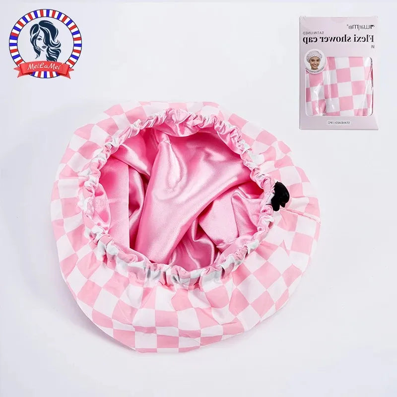 WANMEI Grid Pink White Shower Caps- Flexi Satin Lined, Large Wide Shower Cap for Women & Men, Adjustable,Hair Accessory