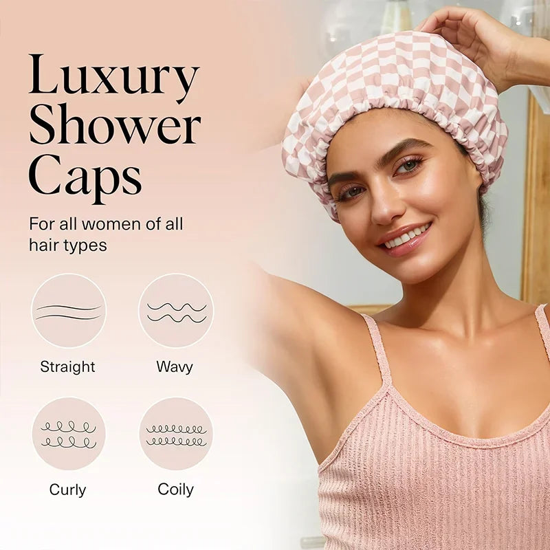 WANMEI Grid Pink White Shower Caps- Flexi Satin Lined, Large Wide Shower Cap for Women & Men, Adjustable,Hair Accessory