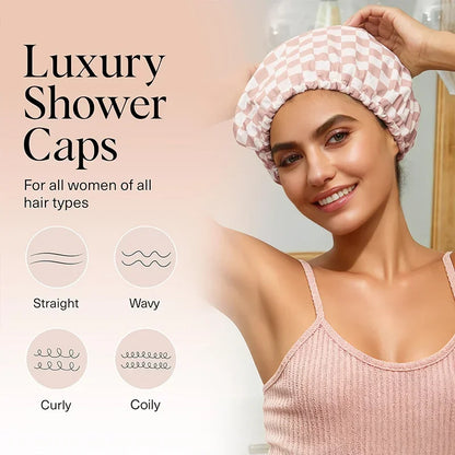 WANMEI Grid Pink White Shower Caps- Flexi Satin Lined, Large Wide Shower Cap for Women & Men, Adjustable,Hair Accessory