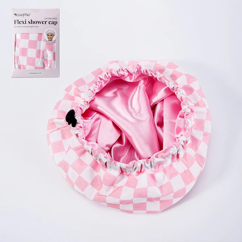 WANMEI Grid Pink White Shower Caps- Flexi Satin Lined, Large Wide Shower Cap for Women & Men, Adjustable,Hair Accessory
