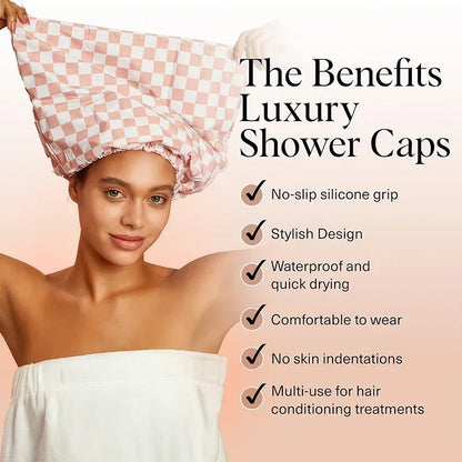 WANMEI Grid Pink White Shower Caps- Flexi Satin Lined, Large Wide Shower Cap for Women & Men, Adjustable,Hair Accessory
