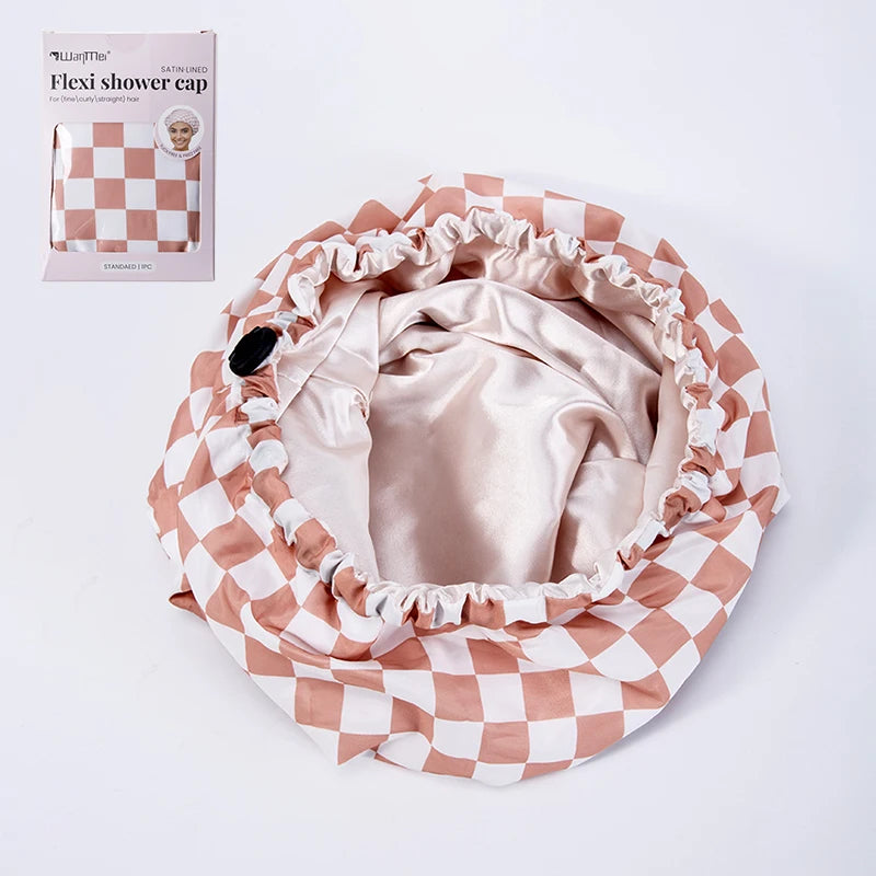 WANMEI Grid Pink White Shower Caps- Flexi Satin Lined, Large Wide Shower Cap for Women & Men, Adjustable,Hair Accessory