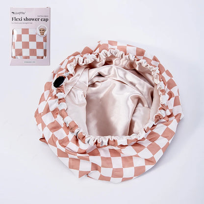 WANMEI Grid Pink White Shower Caps- Flexi Satin Lined, Large Wide Shower Cap for Women & Men, Adjustable,Hair Accessory