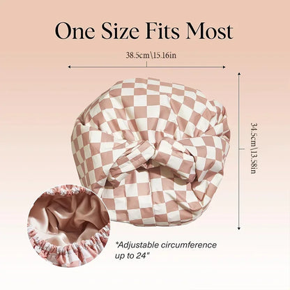 WANMEI Grid Pink White Shower Caps- Flexi Satin Lined, Large Wide Shower Cap for Women & Men, Adjustable,Hair Accessory